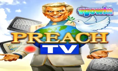 Tampilan layar utama slot Preach TV dengan nuansa studio TV retro